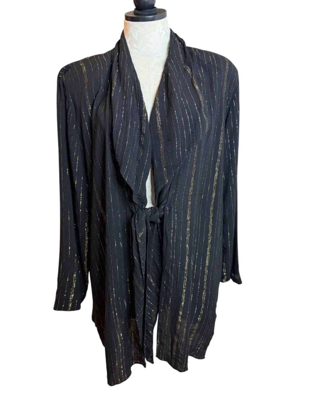 Caribe Womens Tie Front Gold Threading Tunic Jacket Size Large Rayon Vintage